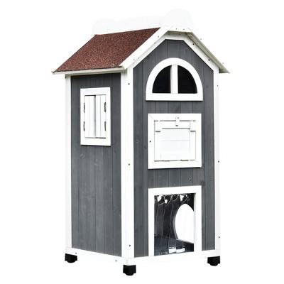 PawHut 43"H Wooden Feral Cat House Outdoor Kitten Shelter Condo 3-Floor Pet Habitat with Asphalt Roof, Escape Doors, Inside Stairs, Grey and White
