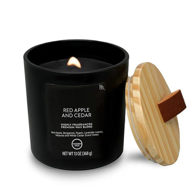 13oz Red Apple Cedar Scented Wooden Wick Jar Candle for Home Ambiance