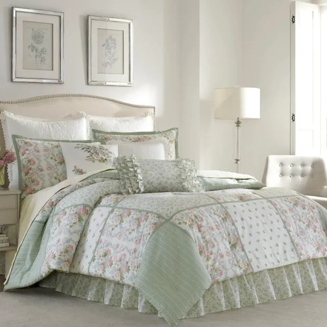 Laura Ashley Queen Harper Comforter Set Green: Floral Bedding with Shams & Bed Skirt, OEKO-TEX Certified