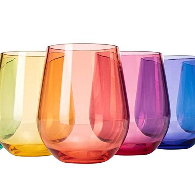 European Style Crystal, Stemless Wine Glasses, Acrylic Glasses Tritan Drinkware, Unbreakable Colored , 6 - Set - Shatterproof BPA-free plastic, Reusable, All Purpose Glassware, 15oz