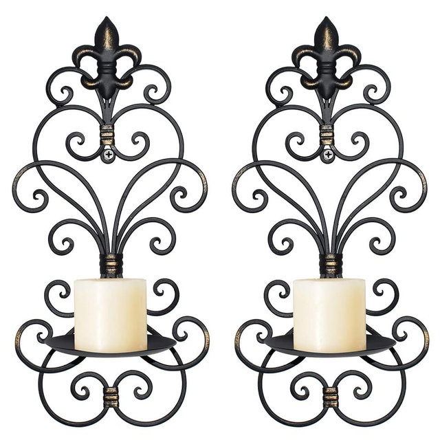 JUCONSIN Wall Sconces Candle Holder Set of 2, Metal Wall Decorations Hanging Wall Mounted Candle Sconces for Living Room Dining Room, Black with Gold (Black with Gold)