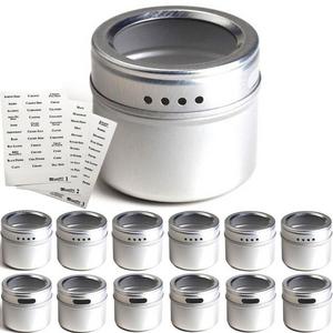 12 Magnetic Spice Tins & 2 Types of Spice Labels by Talented Kitchen. 12 Round Storage Spice Rack Set, Clear Top w/Sift-Pour. With113 PVC & 126 Chalkboard Stickers. Magnetic On Refrigerator