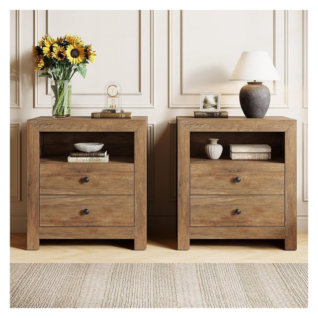 Lantine Farmhouse Nightstand with 2 Storage Drawers, Rustic Night Stand Bed Side Table for Bedroom, End Table for Small Places, Brown
