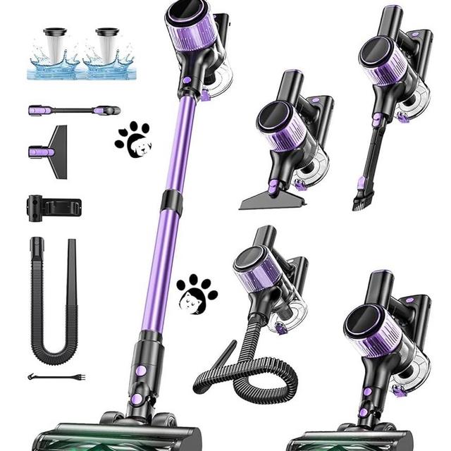 Cordless Vacuum Cleaner, 10 in 1 Stick Vacuum with Powerful Suction, Hose, Green LED Light, Anti-Tangle Brush, Lightweight Rechargeable Vacuum Cleaner for Home, Hardwood Floors, Carpets, Pet Hair