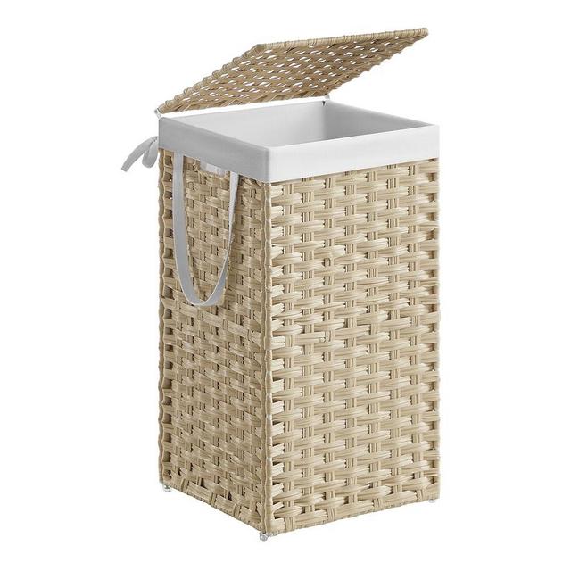 SONGMICS Laundry Hamper with Lid, 17.2 Gallon (65L) Synthetic Rattan Clothes Laundry Basket with Lid and Handles, Foldable, Removable Liner, Summer Sand ULCB165LZ01