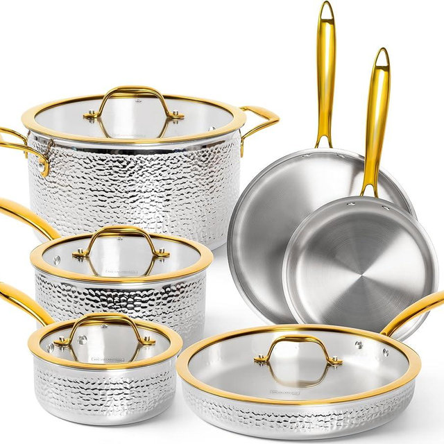 Michelangelo Triply Stainless Steel Pots and Pans Set, 10-Piece Hammered Stainless Steel Cookware Set with Golden Handle, Premium Induction Kitchen Cookware, Oven Safe