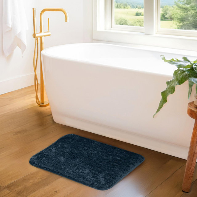 Plush Absorbent Bath Mat Rug with Anti-Skid Rubber Backing - Becky Cameron, Navy, 24 in x 17 in