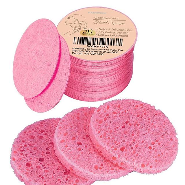 GAINWELL 50-Count Compressed Facial Sponges for Daily Facial Cleansing and Exfoliating, 100％ Natural Cosmetic Spa Sponges for Makeup Remover, Reusable, Pink