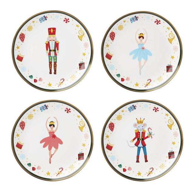 Lenox Dinnerware, Nutcracker Ballet Tidbit Plates, Service for 4, Microwave Safe & Dishwasher Safe Porcelain, Pasta and Salad Dinnerware, Christmas Decor, Nutcracker Ballet (Assorted Plates, 4 Piece)