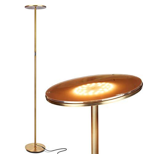 Brightech Sky LED Torchiere Super Bright Floor Lamp - Contemporary, High Lumen Light for Living Rooms & Offices - Dimmable, Indoor Pole Uplight for Bedroom Reading - Brass