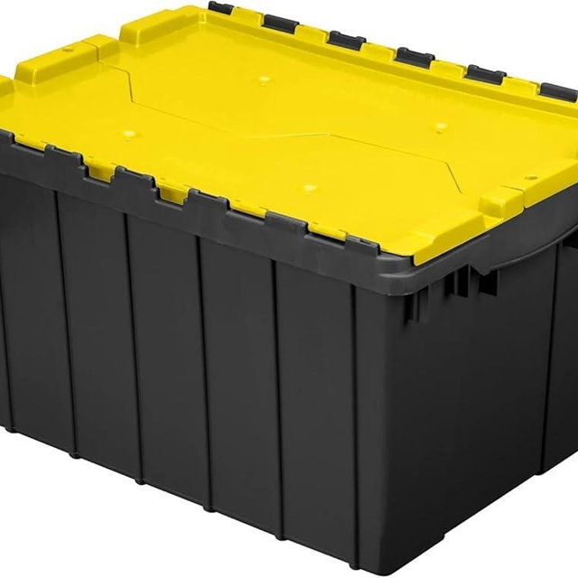 Akro-Mils KeepBox 12 Gallon Storage Container, Nesting and Stackable Plastic Storage Box with Lid Attached, Organizer Tote for Garages, Closets, and Moving, 21-1/2" x 15" x 12-1/2", Black/Yellow