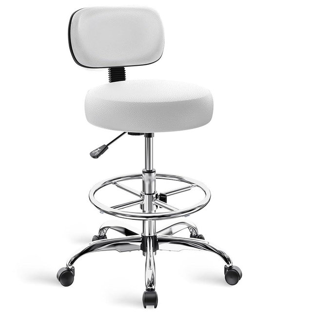 SUPERJARE Drafting Chair with Back, Adjustable Foot Rest Rolling Stool, Multi-Purpose Office Desk Chair, Thick Seat Cushion for Home Bar Kitchen Shop - White