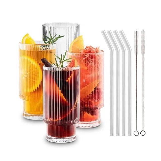 MLTS Ribbed Glasses Drinking Glasses Set of 4, 4 Straws & 1 Brush with Ribbed Drinking Glasses, Vintage Glasses, All Purpose Glass Sets of 380 ml