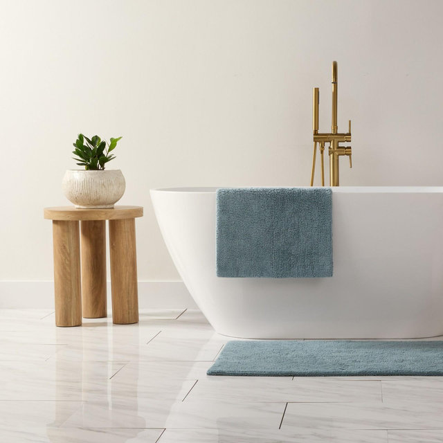 Reversible Solid Cotton Bath Mat,Thick Absorbent Luxury Bath Rug, Washable Spa-Inspired Large Hotel Bath Mat - Becky Cameron , Light Blue, 24" x 17"