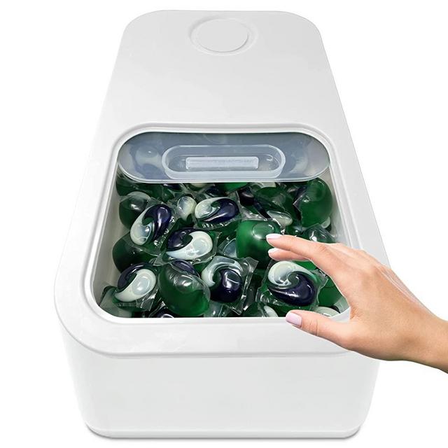 Skywin Laundry Pod Container with Sliding Lid | Stylish Laundry Pod Storage Container for Laundry Room Container Organization great as Laundry Detergent Container, Dishwasher Pod Laundry Container (White)