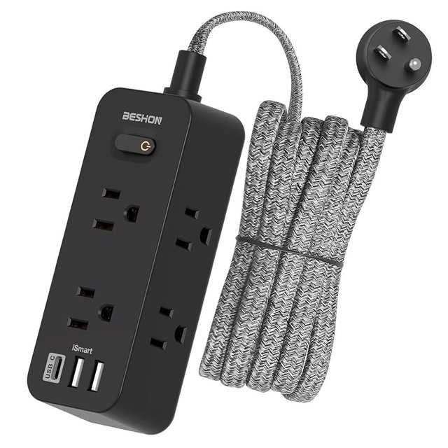 15Ft Black Extension Cord, BESHON Power Strip Surge Protector, 6 Outlets with 3 USB Ports(1 USB C Outlet), 3-Side Outlet Extender, Wall Mount, Compact for Home, College Dorm Room