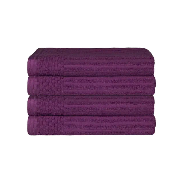 Plush Cotton Ribbed Checkered Border Medium Weight 4 Piece Bath Towel Set, Plum - Blue Nile Mills