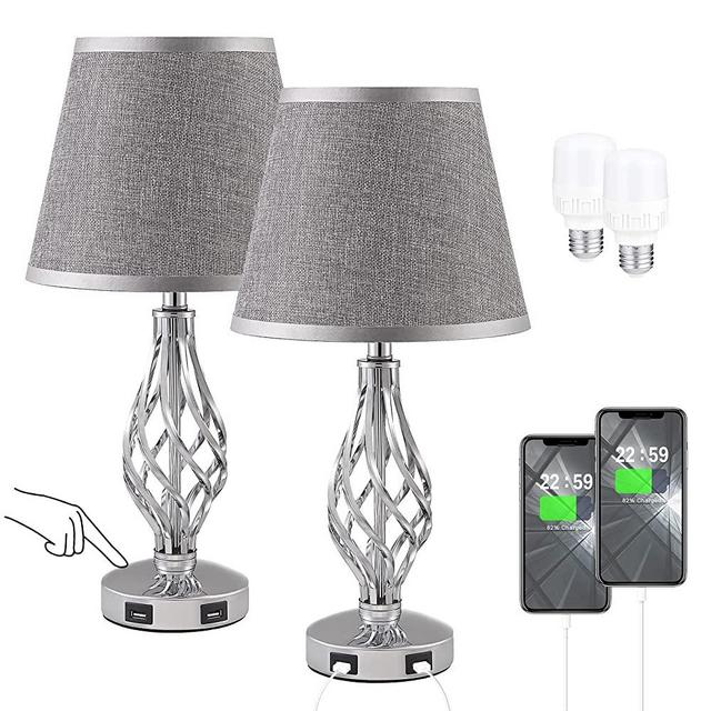 Touch Table Bedside Lamps Set of 2, Nightstand Lamps with USB Ports, Kakanuo Bedroom Lamps Set of 2 with Spiral Cage Base Design, 3 Way Dimmable Table Lamps for Bedroom, Living Room and Office