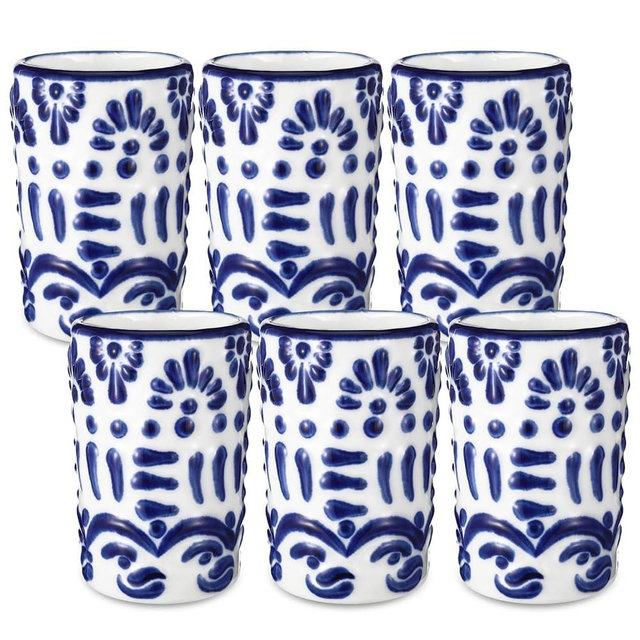 Roshtia 6 Pcs Mexican Tequila Shot Glasses Set 2 oz Talavera Shot Glasses Handmade Ceramic Cups with White Decoration Mexican Pottery Gift Mugs for Tequila Lover Bachelorette Party(Blue)