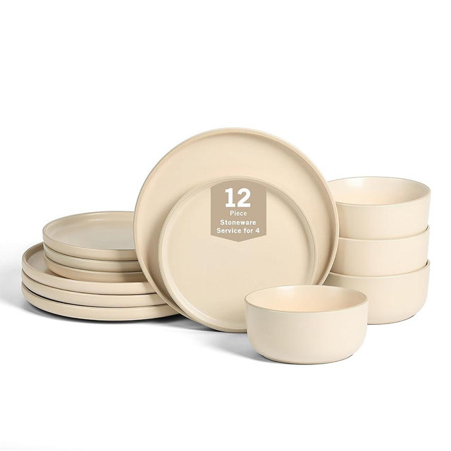 Earth & Clay Amber 12-Piece Dinnerware Set Stoneware, Dishwasher and Microwave Safe Plates and Bowls Set, Dish Set for 4, Beige