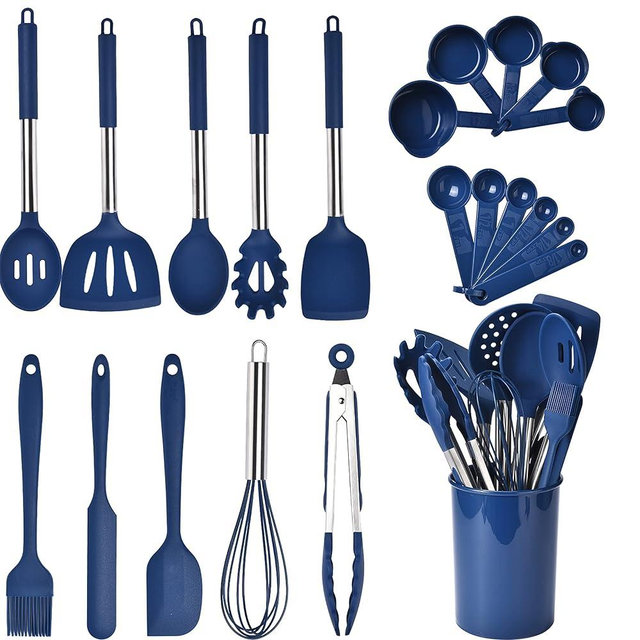 Bruntmor 24-Piece Silicone Cooking Utensils Set - Heat Resistant Non Scratch Cooking Utensils - Food Grade Safe Nonstick Utensils Set - Cooking Tool Set Steel Handle - Professional Kitchenware