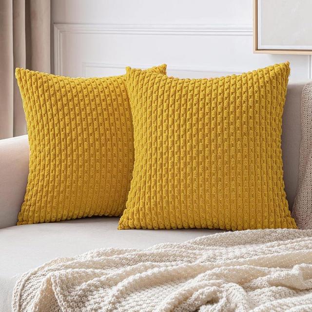 MIULEE Throw Pillow Covers Soft Corduroy Decorative Set of 2 Boho Striped Pillow Covers Pillowcases Farmhouse Home Decor for Couch Bed Sofa Living Room 18x18 Inch Mustard Yellow