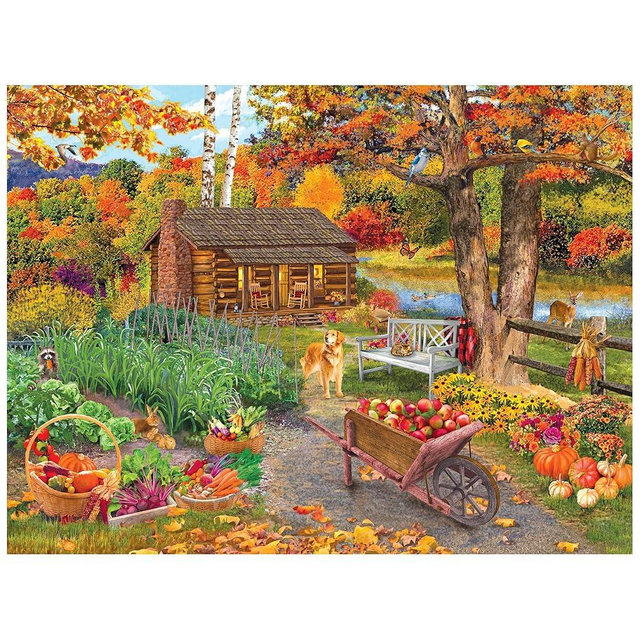 RoseArt - Bigelow Illustrations - Harvest at The Cabin 500 Piece Jigsaw Puzzle - Autumn Scene Puzzle for Adults