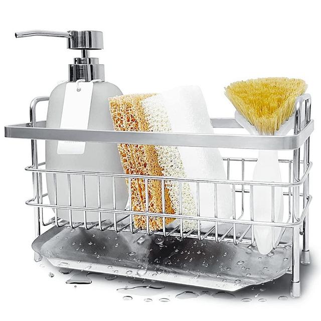 SOON NEAT Kitchen Sink Caddy Sponge Holder for kitchen sink - Kitchen Sink Organizer - Quick Draining, Stainless Steel Tray - Holds Sponge, Dish Soap Dispenser, Cleaning Towel, Scrubber, And Utensils