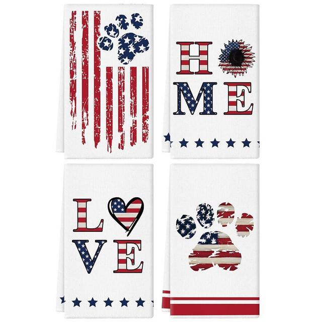 GPGHE 4th of July Kitchen Towel 18x26 Inch American Flag Home Love Dog Paw Hand Towels Independence Day Memorial Day Home Kitchen Party Decorations Set of 4