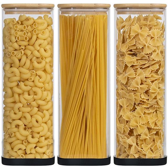 Laramaid 71oz 3Packs Glass Jars Set, Square Pantry Jars with Bamboo Lids and Black Silicone Bottom Protector, Black Labels and White Pen, Food Storage Containers for Home, Kitchen and Pantry