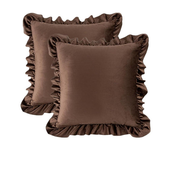 MOJUN Square Ruffled Throw Pillow Covers 18x18 Inch Set of 2, Velvet Decorative Pillowcases with Ruffles Cushion Pillow Covers for Couch Sofa Bed Living Room Farmhouse, Brown