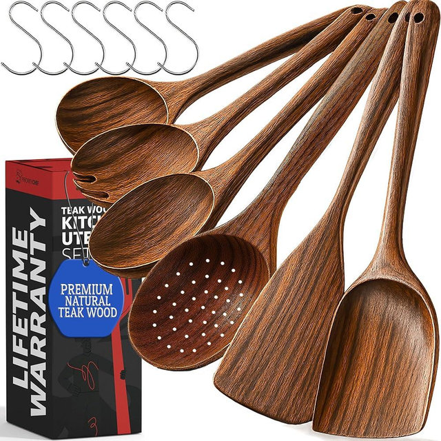 PriorityChef Premium Wooden Spoons for Cooking - 6pc Smooth Finish Teak Wooden Utensil Set with Hanging Hooks, Heat-Resistant & Nonstick Safe, Ideal for Gifting