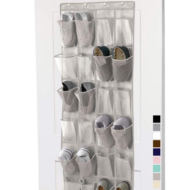 Gorilla Grip Large 24 Pocket Shoe Organizer, Breathable Mesh, Holds Up to 40 Pounds, Sturdy Hooks, Space Saving, Over Door, Storage Rack Hangs on Closets for Shoes, Sneakers or Home Accessories, Linen