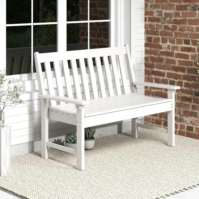 Tangkula 2-Person Outdoor Garden Park Bench, All-Weather HDPE Patio Loveseat Chair with Cozy Backrest, Ergonomic Loveseat Bench for Backyard, Poolside, Front Porch, 705 lbs Max Load (White)