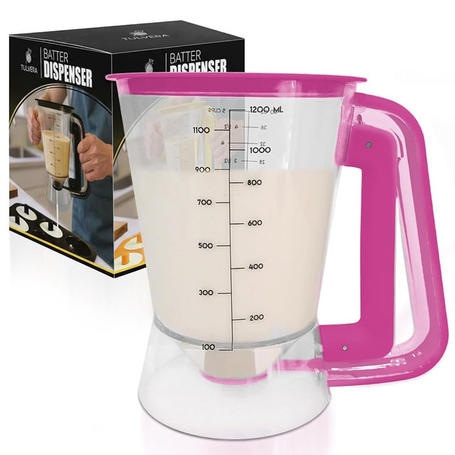 Pancake Batter Dispenser | 5-Cup Mix Pourer for Pancakes, Waffles, Crepes, Muffins, Cupcakes | Squeeze Handle, Portion Control Pitcher, Durable Drip-Free Design | Baking Accessories (Raspberry Purple)