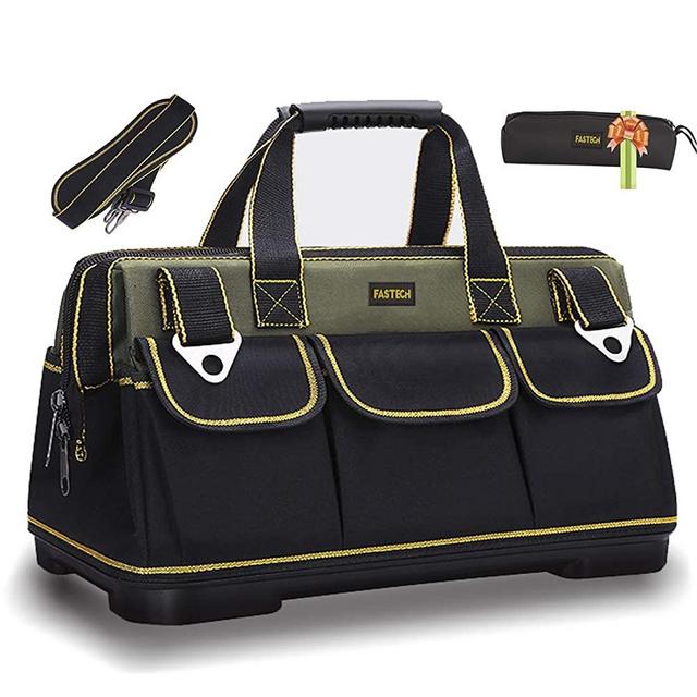 FASTECH 20-inch Wide Mouth Tool Bag with Water Proof Molded Base，Wide Mouth Tool Tote Bag,Waterproof Tool Organizer Bag for Men with Adjustable Shoulder Strap (20 inch)