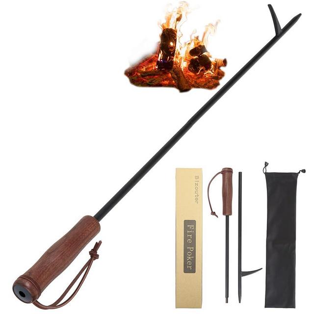 BIZOUTER Fire Poker for Fire Pit,34in 2in1 Foldable Fire Poker & Blow Stick Fireplace Tools with Wooden Ergonomic Handle,Portable Fire Pit Poker for Campfire,Outdoor,Indoor,Wood Burning Stove & BBQ