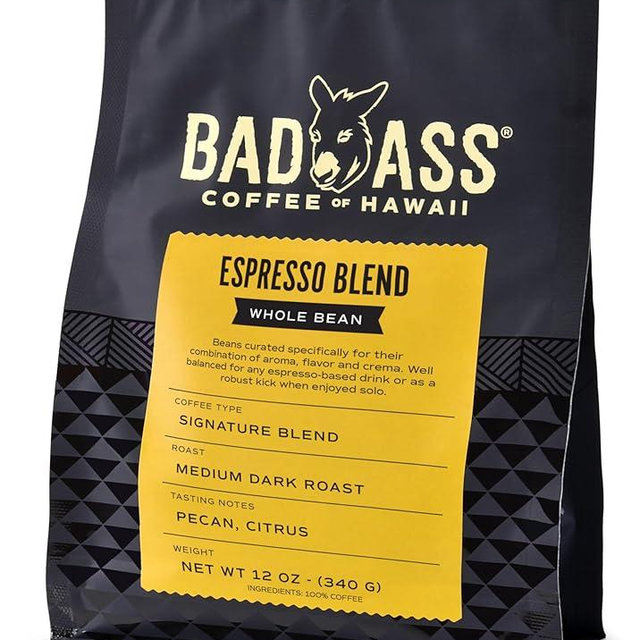 Bad Ass Coffee of Hawaii Espresso Blend - Medium Roast Whole Bean, 12 oz, Coffee for Espresso Machine