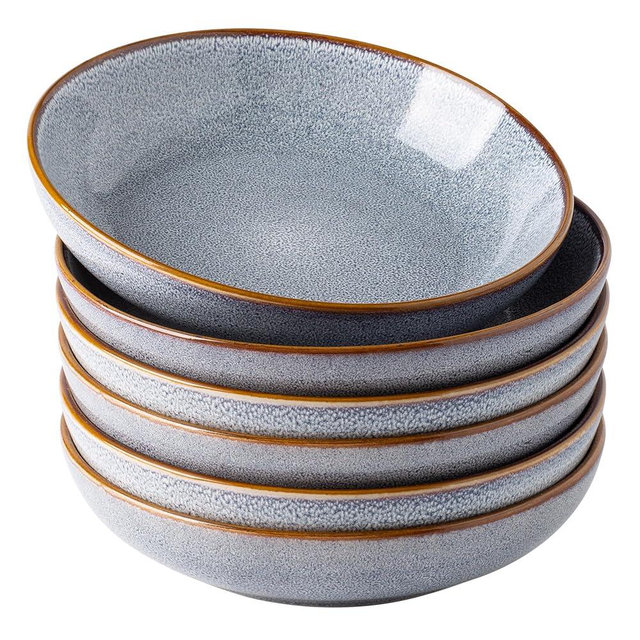 AmorArc 8.5'' Large Pasta Bowls, 36oz Ceramic Salad Serving Bowls Set of 6 for Kitchen, Wide Stoneware Bowls for Pasta,Salad,Fruit,Bread, Microwave Safe, Reactive Glaze-Blue