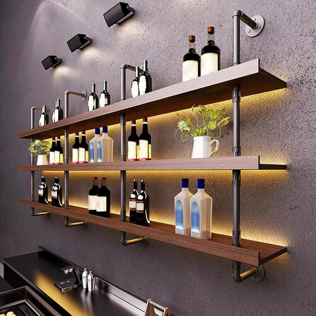 Dawselod Large Wine Rack with LED Light Solid Wood Wall Mounted Wine Rack, 3-Tiers Liquor Bottles Floating Shelves Display Storage Organizer for Home Bar & Dining Room (80cm/31.4in)