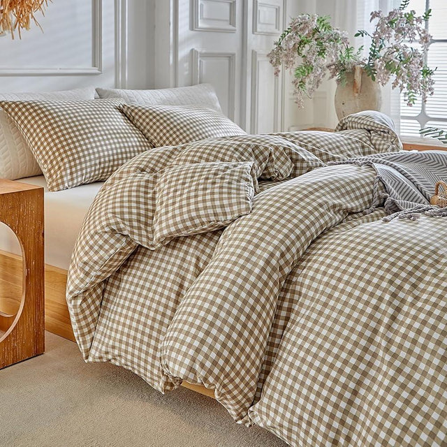 DuShow Grid King Duvet Cover Set - Tan Gingham Washed Microfiber Comforter Cover Set, 3 Pieces Plaid Checkered Soft Reversible Bedding Set(Tan,King)