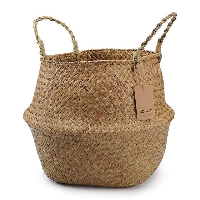 DOKOT Natural Seagrass Belly Basket with Handles, Round Wicker Storage Laundry Basket (8.3" Diameter x 9" Height), Natural