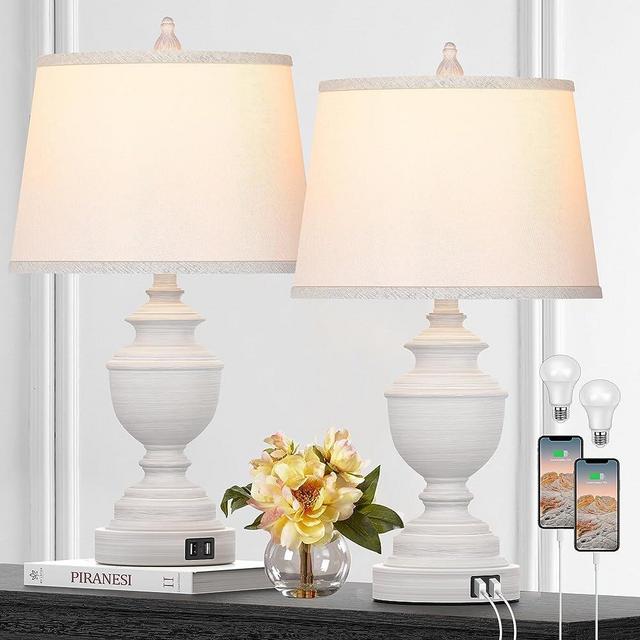 Vpazg Table Lamps set of 2, Modern Farmhouse Nightstand Lamp with USB Ports, Contemporary 3-Way Dimmable Touch Control White Bedside Lamps with Linen Drum Shade for Bedroom Living Room, Bulbs Included