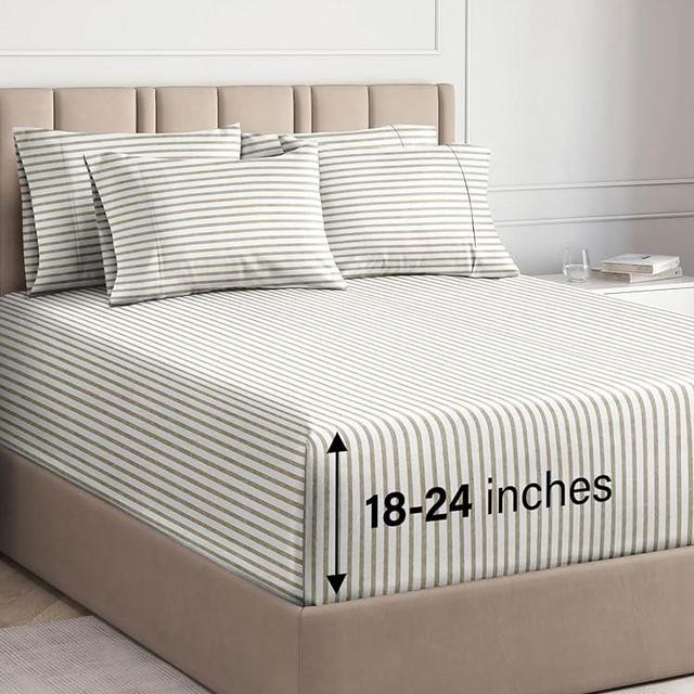 Extra Deep King Sheet Set - 6 Piece Breathable & Cooling Sheets - Hotel Luxury Bed Sheets Set - Easy Fit - Soft, Wrinkle Free & Comfy Sheets Set - Beige Striped Sheet Set w/Extra Deep Pockets