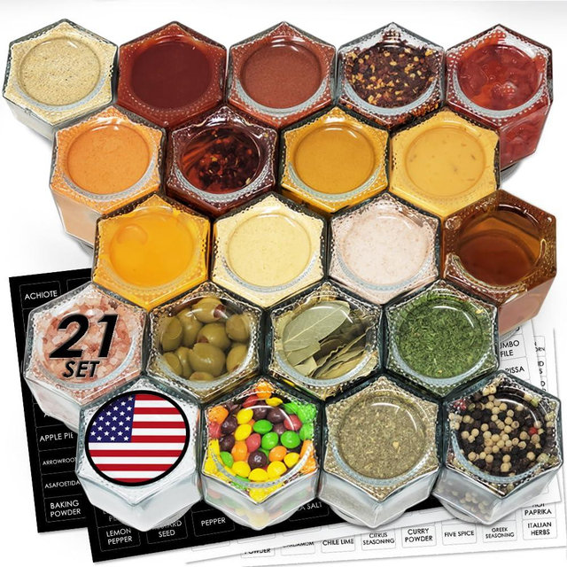 Patriot Set of 21 Large 4oz Magnetic Spice Jars for Refrigerator, Hexagon Glass Magnetic Spice Jars with Shaker Lids and Labels for Kitchen RV Travel Trailer, Magnetic Spice Containers for Fridge