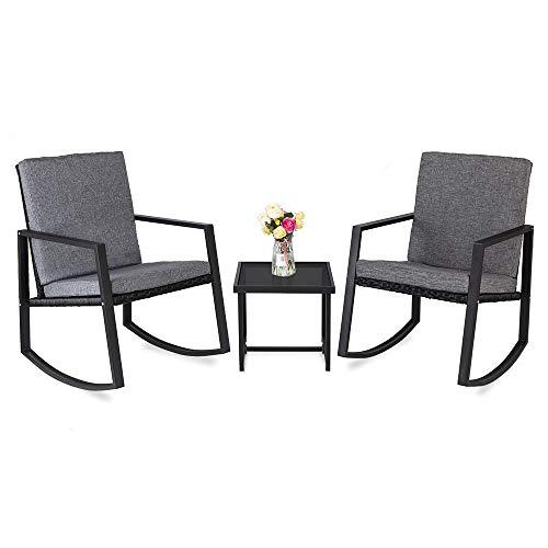 Bonnlo 3 Piece Rocking Wicker Patio Set, Bistro Set Furniture, Patio Conversation Set Rattan Sofa Armchair for Backyard Porch Poolside Garden