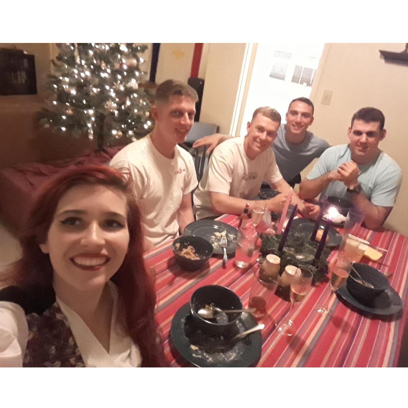 Kate, Anthony, Bill, Chris, and Mark enjoying a delicious dinner in December 2018.