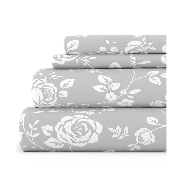 Becky Cameron, Easy Care, Rose Gray Pattern Sheet Set, King, Light Gray