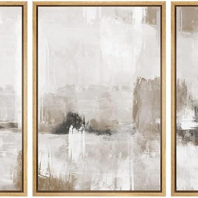 SIGNFORD Framed Canvas Print Wall Art Set Pastel Grunge Paint Stroke Collage Abstract Shapes Illustration Modern Art Decorative Nordic Minimal Zen for Living Room, Bedroom, Office - 16"x24"x3 Natural