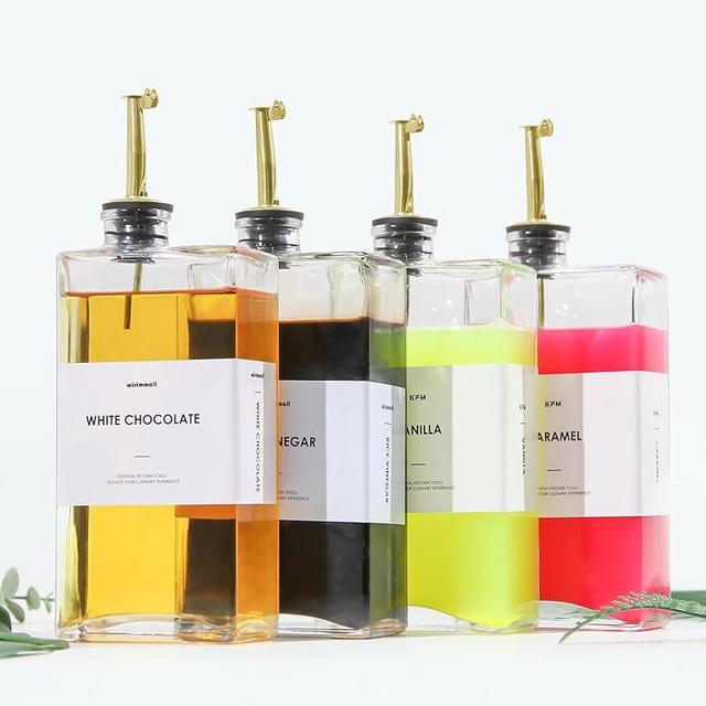 WISIMMALL Olive Oil Dispenser For Kitchen, Glass Oil Bottle 500ML Oil And Vinegar Dispenser Set Of 4 with 4 Stainless Steel Pourers & 88 Labels, Soy Sauce Dispenser, Coffee Syrup Bottles